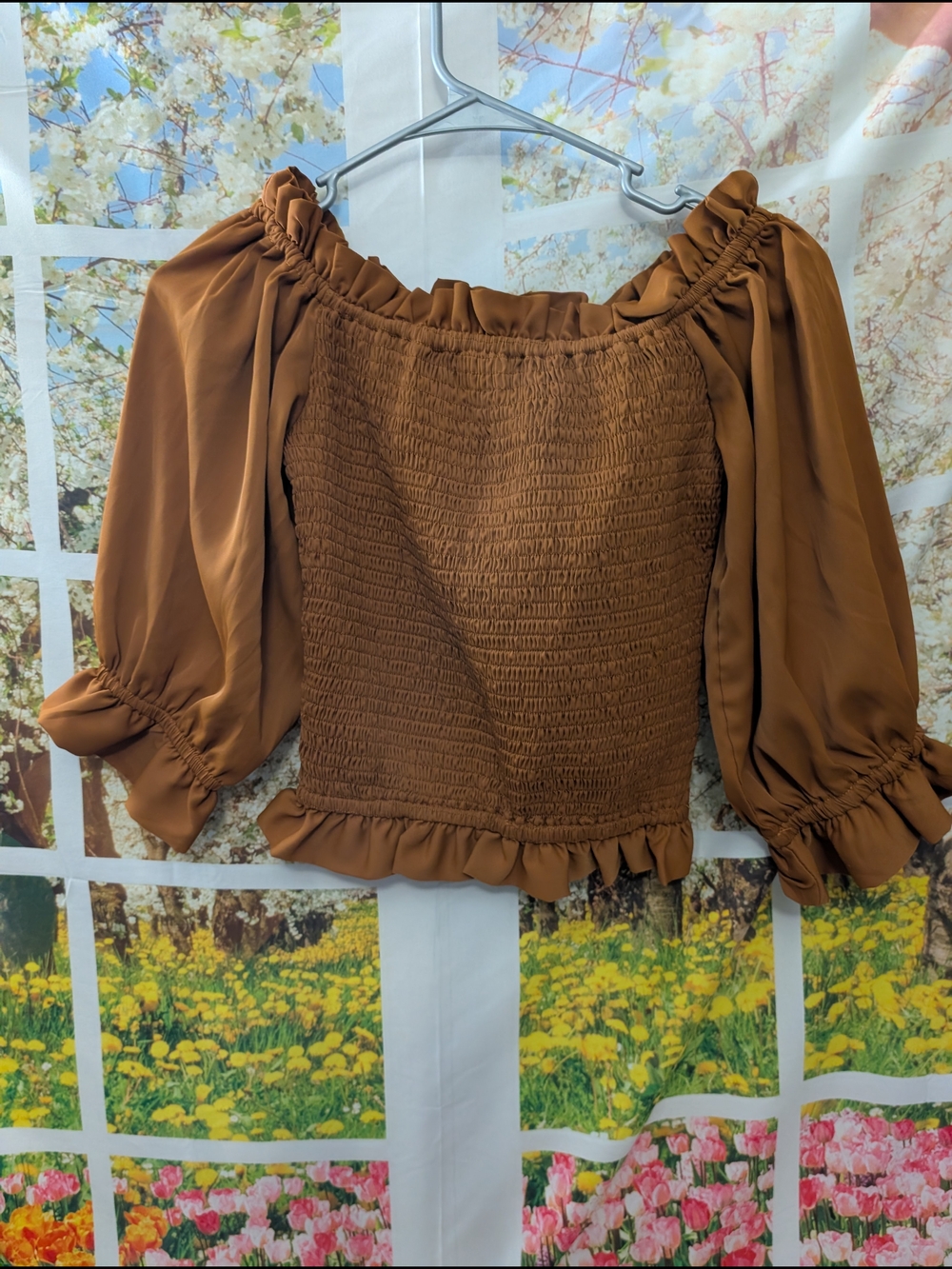 Brown Smocked Off-Shoulder Puff Sleeve Blouse